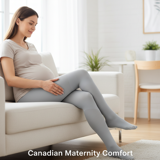 A serene pregnant woman sitting comfortably, subtly wearing maternity compression stockings, conveying relief from swelling. Visualizes 'Maternity Support Hose in Canada: How to Choose 15–20 vs 20–30 mmHg and Get the Right Fit'.