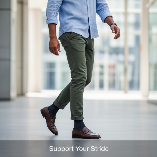 A man in smart-casual attire taking a confident stride, subtly revealing men's compression hose, in a bright, modern setting. Illustrates benefits, levels, and fit of compression hose in Canada.