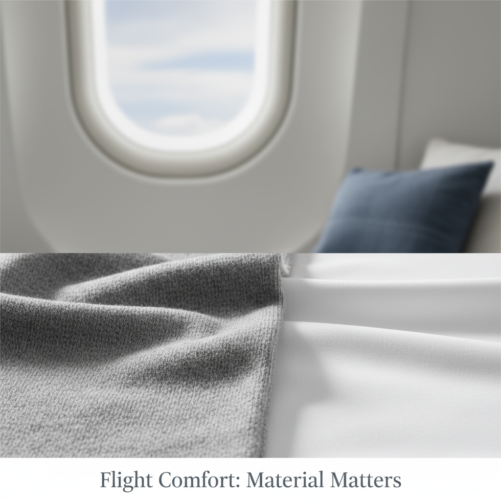 Two compression sock fabric textures, merino wool and nylon, side-by-side with a blurred airplane window background, illustrating "Merino vs. Nylon: The Best Compression Sock Materials for Long-Haul Flights" for comfort.