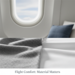 Two compression sock fabric textures, merino wool and nylon, side-by-side with a blurred airplane window background, illustrating "Merino vs. Nylon: The Best Compression Sock Materials for Long-Haul Flights" for comfort.
