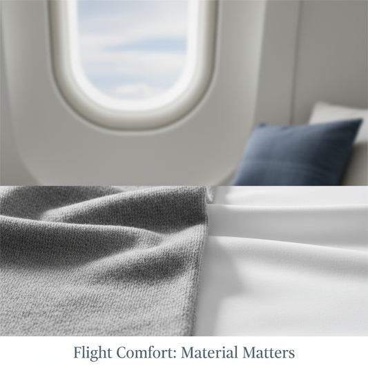 Two compression sock fabric textures, merino wool and nylon, side-by-side with a blurred airplane window background, illustrating "Merino vs. Nylon: The Best Compression Sock Materials for Long-Haul Flights" for comfort.