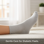 Older adult's foot in a loose, light-colored non-binding diabetic sock, emphasizing seamless toes & moisture control for healthy circulation. Highlights when to skip compression for diabetic foot care in Canada.