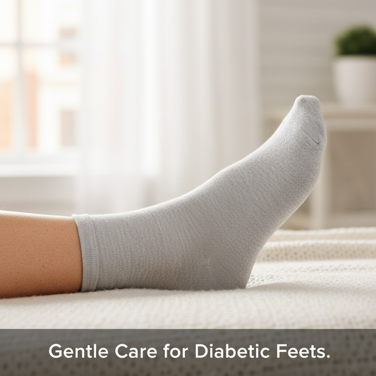 Older adult's foot in a loose, light-colored non-binding diabetic sock, emphasizing seamless toes & moisture control for healthy circulation. Highlights when to skip compression for diabetic foot care in Canada.