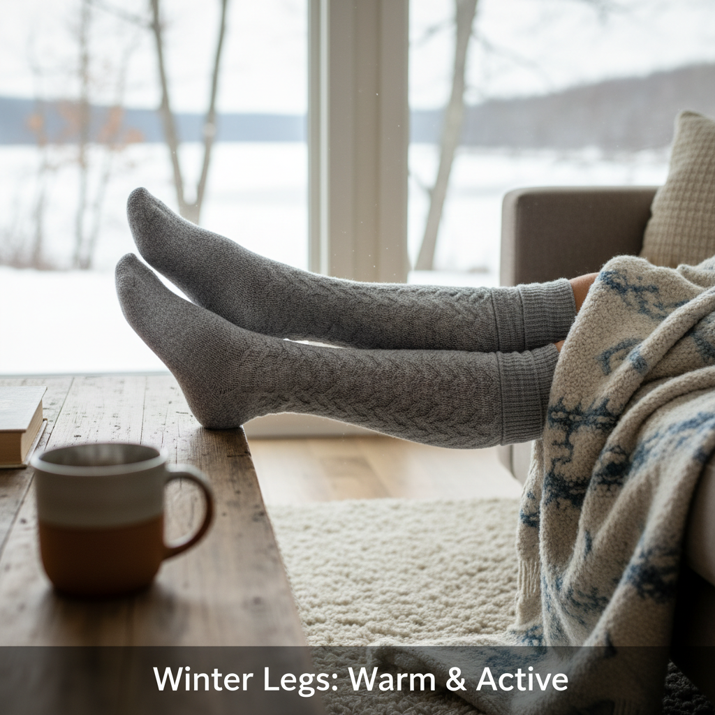 A senior's legs in warm compression socks, comfortably seated in a cozy winter setting, promoting better leg circulation.