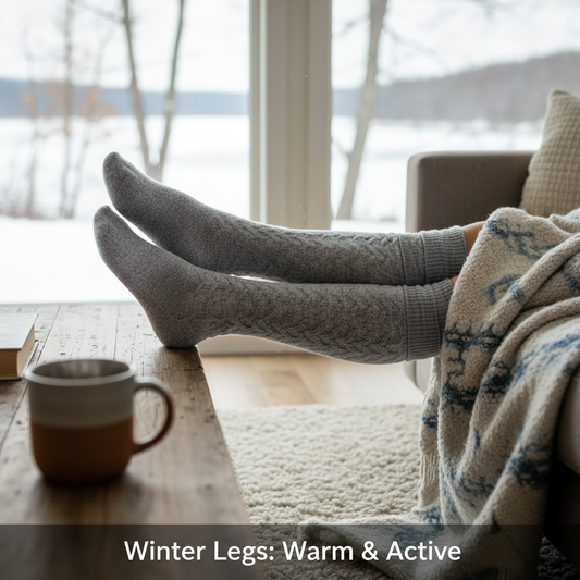 A senior's legs in warm compression socks, comfortably seated in a cozy winter setting, promoting better leg circulation.