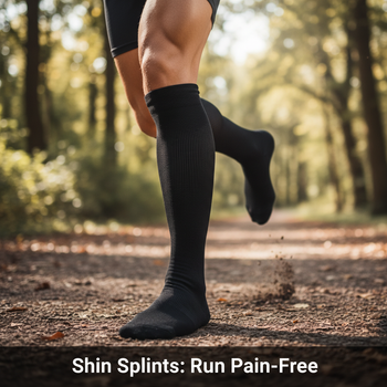Close-up of a runner's lower leg wearing a black compression sock on an outdoor path, with 