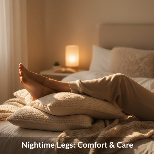 A person's legs elevated on pillows in a cozy, warm-lit bedroom, illustrating nighttime leg comfort and care, addressing whether to sleep in compression socks.