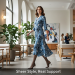 A woman wearing sheer Sigvaris 780 compression stockings, blending style with support. Canadian buyer's guide for Sigvaris 780 Sheer.