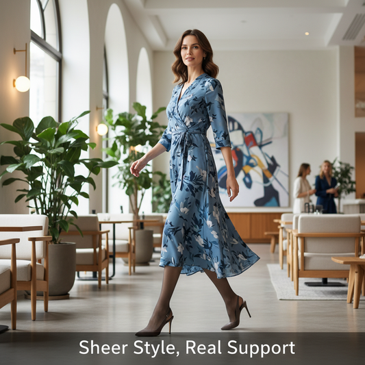 A woman wearing sheer Sigvaris 780 compression stockings, blending style with support. Canadian buyer's guide for Sigvaris 780 Sheer.