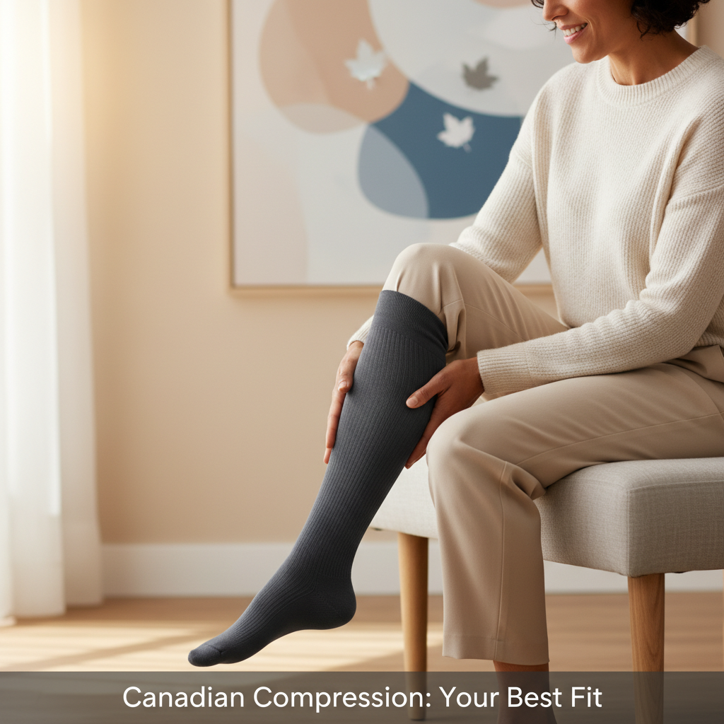 A diverse woman comfortably wearing a high-quality compression sock, representing the choice between Sigvaris and JOBST brands for Canadian users, with the headline "Canadian Compression: Your Best Fit" overlaid.
