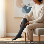 A diverse woman comfortably wearing a high-quality compression sock, representing the choice between Sigvaris and JOBST brands for Canadian users, with the headline "Canadian Compression: Your Best Fit" overlaid.