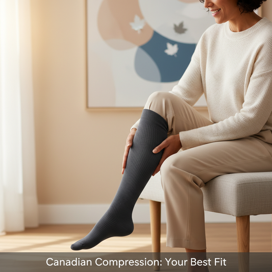A diverse woman comfortably wearing a high-quality compression sock, representing the choice between Sigvaris and JOBST brands for Canadian users, with the headline "Canadian Compression: Your Best Fit" overlaid.