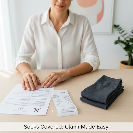A person confidently reviewing organized medical-grade compression sock claim documents (prescription, receipt) next to a pair of socks, symbolizing the easy step-by-step process of submitting a claim for reimbursement in Canada.