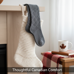 A pair of premium Canadian compression socks peeking from a modern Christmas stocking, symbolizing thoughtful, practical gifts. Headline: Thoughtful Canadian Comfort. Best Canadian Stocking Stuffers That Aren't an Afterthought.