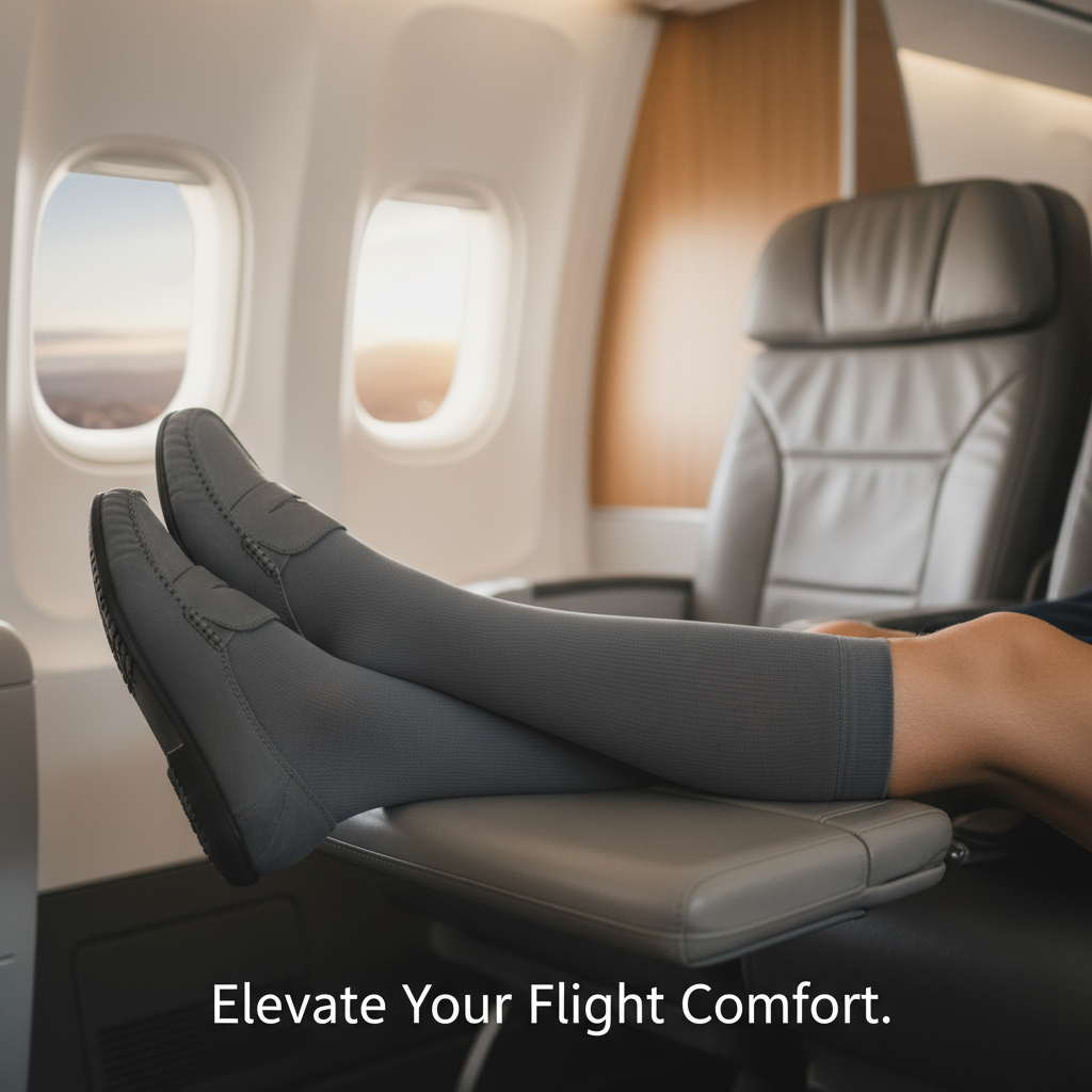 Lower legs of a Canadian traveler wearing high-quality compression socks, comfortably seated in an airplane cabin. The image promotes the best compression socks for flying, reducing swelling and DVT risk on long flights.