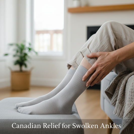 A senior person's legs wearing comfortable compression socks, conveying relief from swollen ankles. Image highlights Canadian solutions for seniors' leg health.