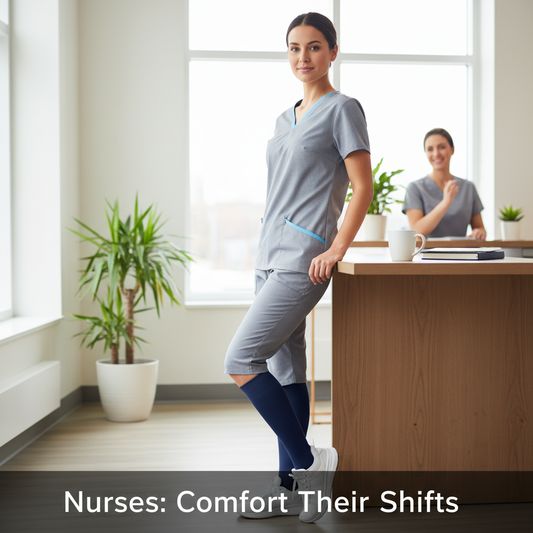 A Canadian nurse in modern scrubs, standing with a subtle focus on comfortable compression socks, conveying support and well-being. Featured image for "The Ultimate Black Friday Gift Guide for Canadian Nurses."