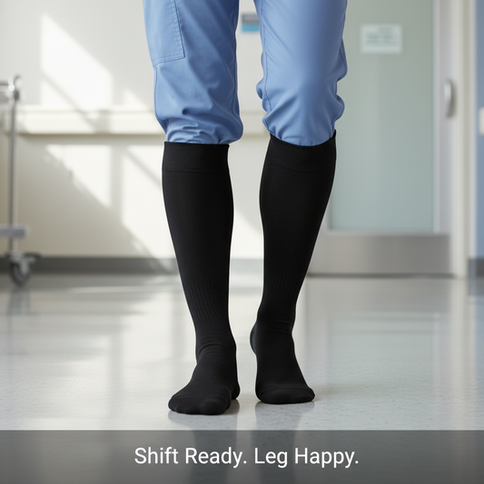 Lower legs of a professional in scrubs wearing well-fitted compression socks, conveying comfort and readiness for long shifts. Image highlights selecting the perfect compression socks for 12-hour shifts.