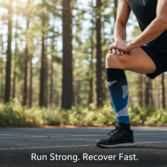 Athlete's lower legs wearing athletic compression socks, running outdoors in Canada. Text: Run Strong. Recover Fast. Ultimate guide to athletic compression socks in Canada.