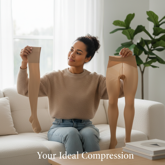 Woman comparing thigh-high and pantyhose compression stockings in a bright room, illustrating a guide to finding the right fit for symptoms.