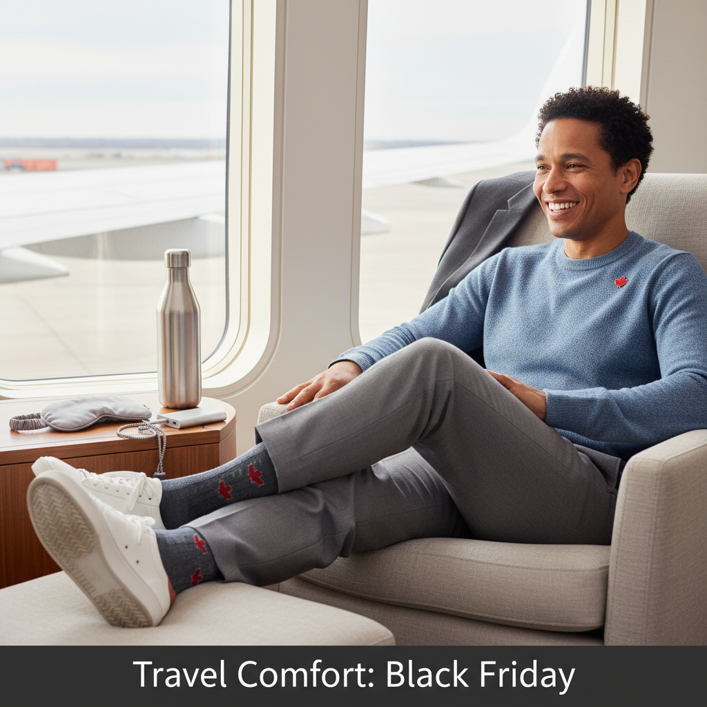 A relaxed Canadian traveler wearing compression socks in an airport lounge with travel essentials, featuring the headline "Travel Comfort: Black Friday." Focus on comfort and deals.