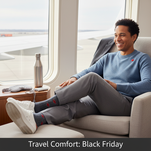 A relaxed Canadian traveler wearing compression socks in an airport lounge with travel essentials, featuring the headline "Travel Comfort: Black Friday." Focus on comfort and deals.