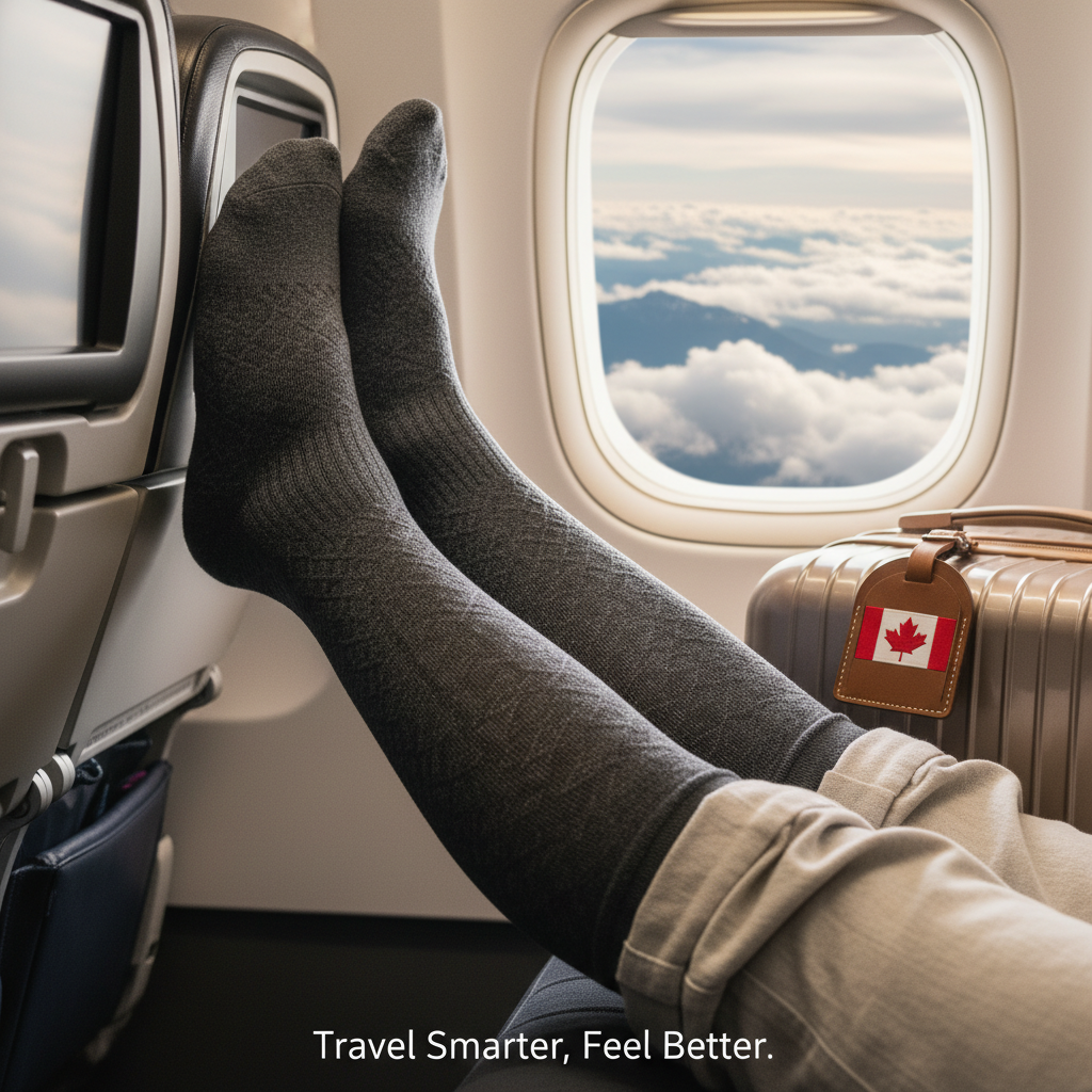 A person's legs, wearing stylish knee-high compression socks, relaxed in an airplane seat with a view of clouds. The image promotes top compression socks for travel, preventing swelling and DVT for jetsetters.