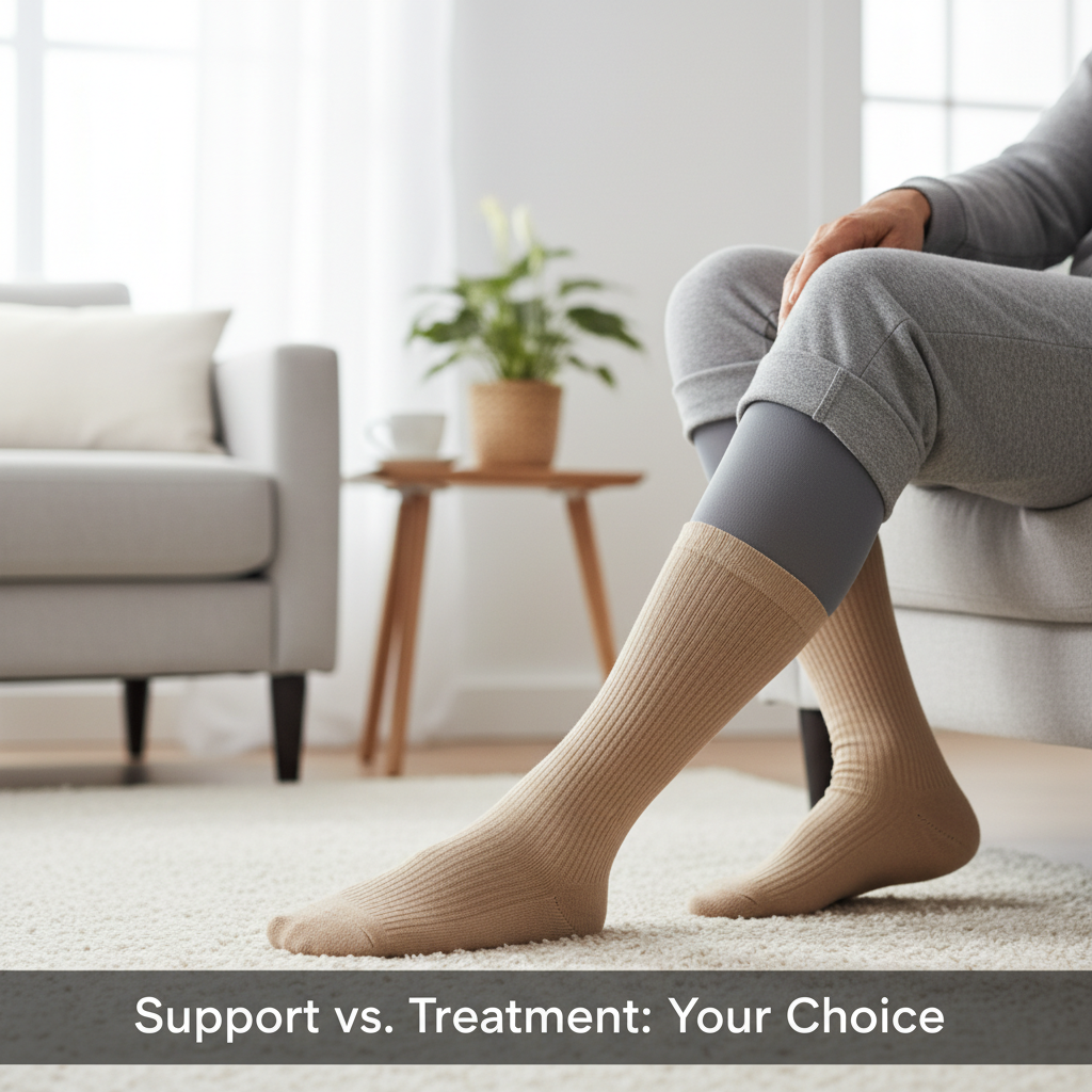 Close-up of a senior's legs wearing two different compression socks, representing 15-20 mmHg and 20-30 mmHg levels. Image highlights understanding compression for seniors, as per article title: Understanding Compression Levels for Seniors.