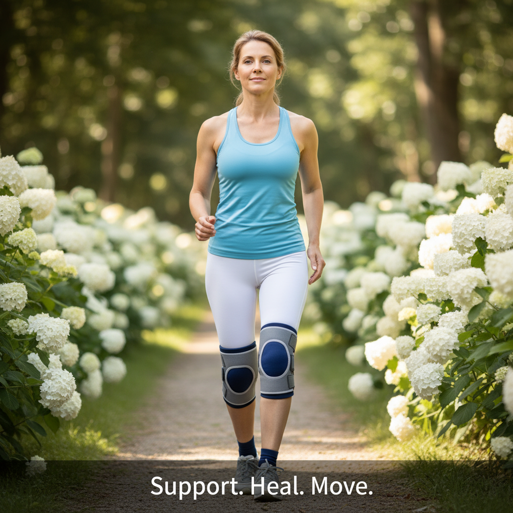 A diverse individual wearing a modern orthopedic knee brace and compression sock, gently stretching, conveying support and recovery. The image illustrates the article "Understanding Orthopedic Braces: A Complete Guide."