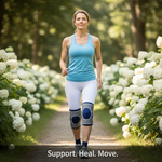 A diverse individual wearing a modern orthopedic knee brace and compression sock, gently stretching, conveying support and recovery. The image illustrates the article "Understanding Orthopedic Braces: A Complete Guide."