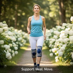 A diverse individual wearing a modern orthopedic knee brace and compression sock, gently stretching, conveying support and recovery. The image illustrates the article 