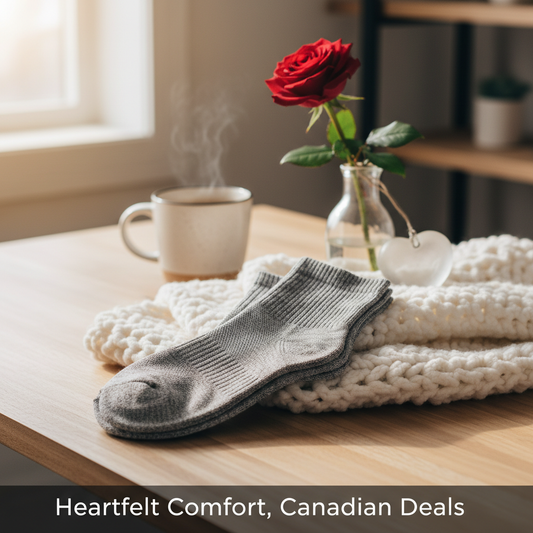 A pair of high-quality compression socks in a cozy Canadian setting, with a subtle Valentine's accent. Image for "Valentine’s Compression Sock Deals in Canada: Your 2026 Guide".