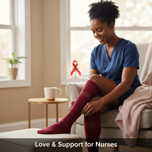A smiling Canadian nurse wearing heart-patterned compression socks, conveying comfort and appreciation. Visual for Valentine's Day compression sock gift ideas for nurses.