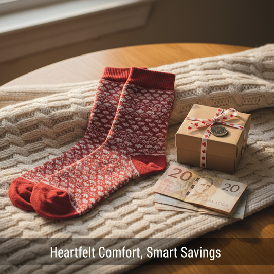 A pair of heart-themed compression socks next to a gift box and Canadian currency, with the headline "Heartfelt Comfort, Smart Savings" overlaid. Visualizes Valentine's Day compression sock deals and insurance guide in Canada.