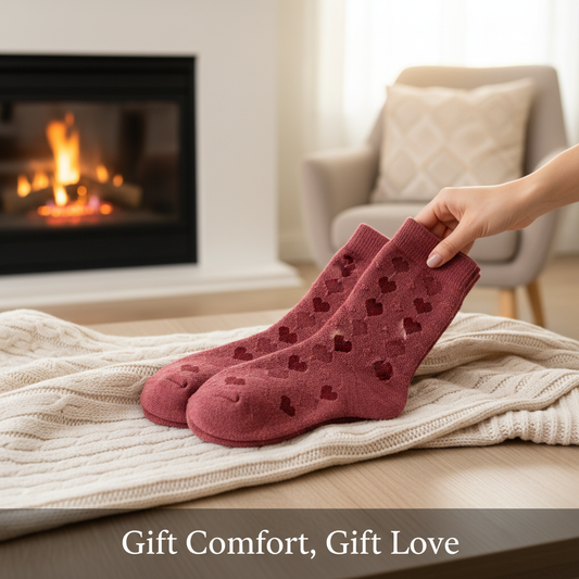 A pair of red Valentine's Day compression socks, folded as a gift on a cozy blanket. The image promotes a gift guide for compression socks in Canada, highlighting comfort and care for loved ones.