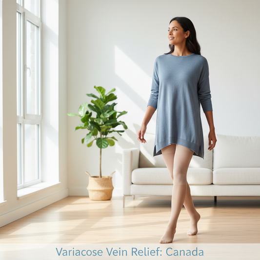 A woman in Canada wearing 20-30 mmHg compression stockings, conveying comfort and relief from varicose veins. The image supports an article on styles, safety, and a guide for women seeking varicose vein solutions.