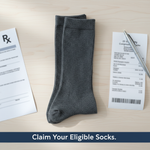 A flat lay image showing medical-grade compression socks, a prescription, and an itemized receipt on a clean desk, illustrating "What Makes Compression Socks a Medical Expense in Canada?"