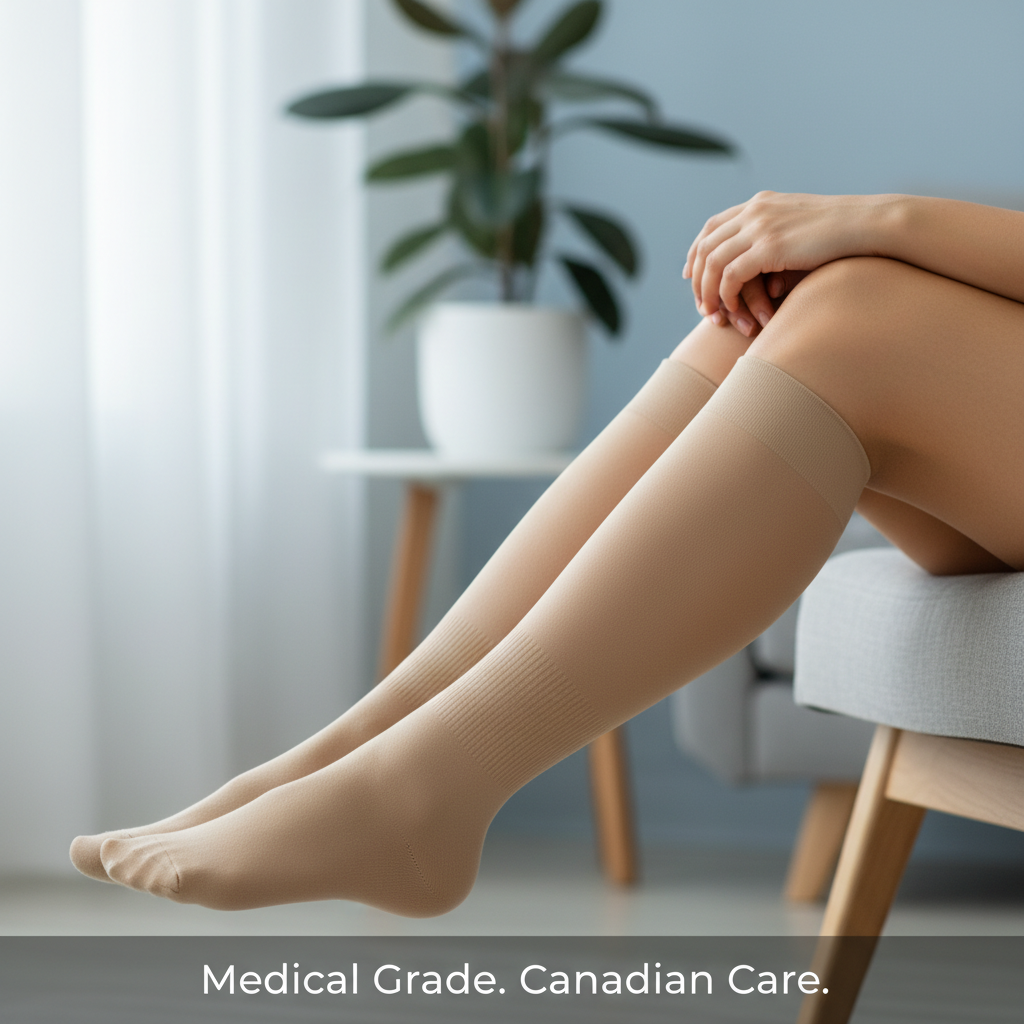 A person's lower legs wearing 20-30 mmHg compression socks, conveying comfort and medical support. Headline: Medical Grade. Canadian Care. Article: Where to Buy 20-30 mmHg Compression Socks in Canada.