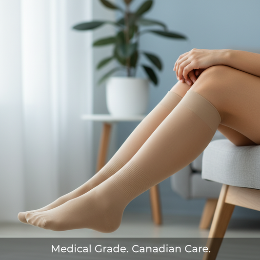 A person's lower legs wearing 20-30 mmHg compression socks, conveying comfort and medical support. Headline: Medical Grade. Canadian Care. Article: Where to Buy 20-30 mmHg Compression Socks in Canada.