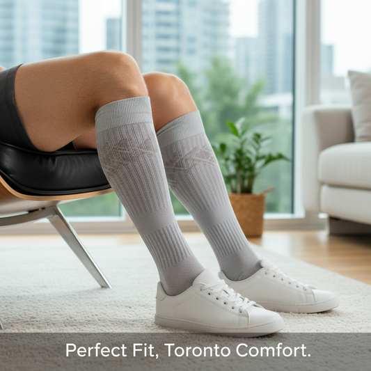 Person wearing compression socks in Toronto, showcasing comfort and support. Article covers where to buy compression socks in Toronto, options, fittings, and insurance.