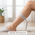 Close-up of a person's leg being measured with a white tape, illustrating precise Sigvaris compression sock sizing and material quality for comfort and efficacy.