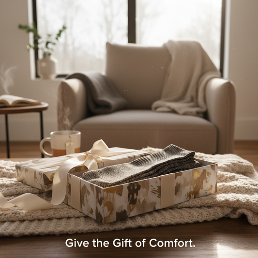 A partially open gift box revealing stylish compression socks in a cozy setting, illustrating why compression socks are the most thoughtful gift of the season.
