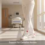 A Canadian nurse in uniform, standing comfortably, with the text "Support for Canada's Nurses" overlaid. The image highlights the comfort and support compression socks offer to healthcare workers.