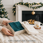 A pair of neatly folded compression socks in a festive gift box, with the headline 'Gift Comfort This Christmas.' The image highlights compression socks as a thoughtful present for wellness and comfort during the holidays.