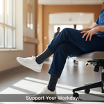 Lower legs of a professional (e.g., nurse or office worker) wearing compression socks, conveying comfort and relief from aching legs after a long day. Illustrates the science behind compression socks for work.
