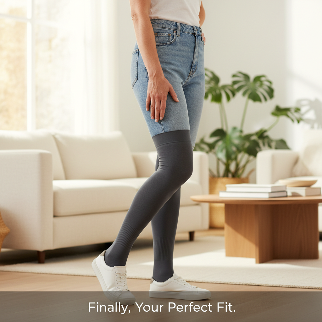 A person comfortably wearing perfectly fitted wide-calf compression socks in a bright home, symbolizing relief from ill-fitting options. Addresses "Wide-Calf Compression Socks Near Me: Best Canadian Options When Local Stores Don’t Fit."