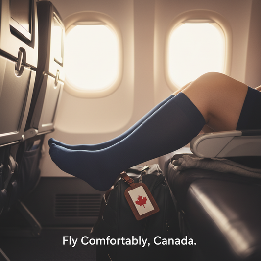 Person wearing wide-calf compression socks comfortably in an airplane seat, with "Fly Comfortably, Canada." overlay. Guide for sizing and buying wide-calf compression socks for flying in Canada.