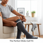 Person measuring wide calf for compression socks with a tape measure. Image for "Wide-Calf Compression Socks Toronto: Your Ultimate Sizing Guide for the Perfect Fit."