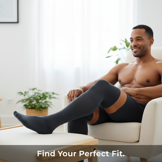 Man with wide calves wearing perfectly fitted black compression socks, sitting comfortably. Headline: Find Your Perfect Fit. Article on sizing and fit for men's wide-calf compression socks in Canada.