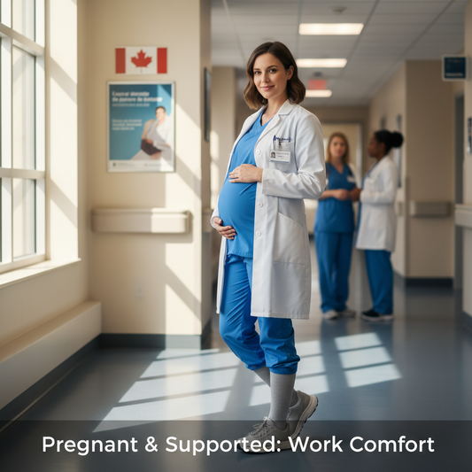 A pregnant Canadian nurse wearing compression socks, standing comfortably on her feet in a hospital, illustrating support for service workers during pregnancy.
